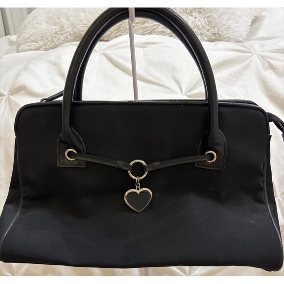 Franco Sarto Black Nylon & Leather Handbag With Heart Charm Accent vintage - Picture 9 of 13